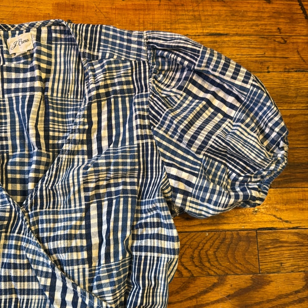 J. CREW Women's Puff Sleeve Wrap Top Indigo Patchwork Blouse 100% Cotton Size XL - Picture 4 of 16